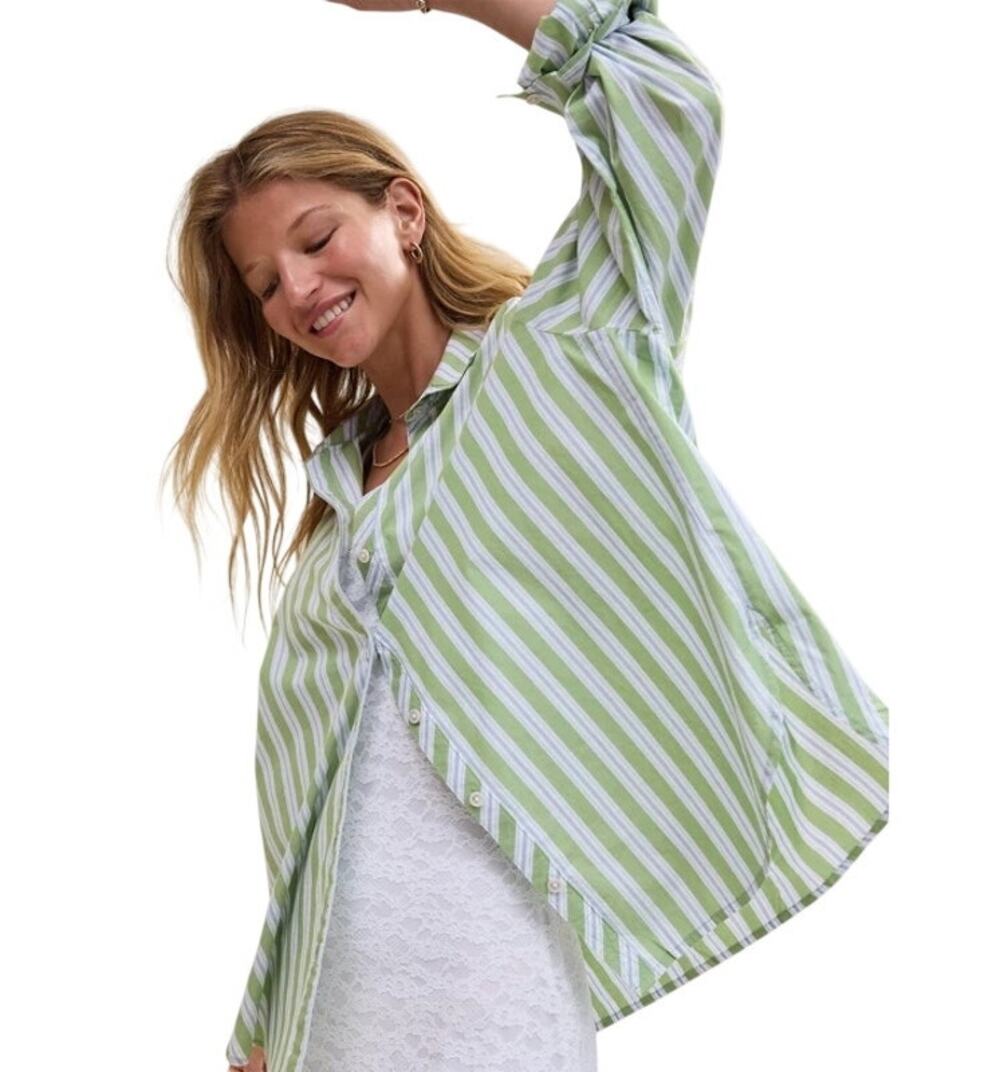 Aerie Good Day Button Down Shirt Relaxed Oversized Green White Striped Size S